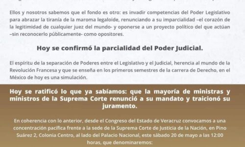 Convoca Congreso de Veracruz a concentración pacífica contra la SCJN