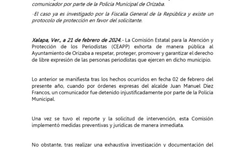 Exhorta CEAPP a Ayuntamiento de Orizaba a garantizar libre expresión de periodistas