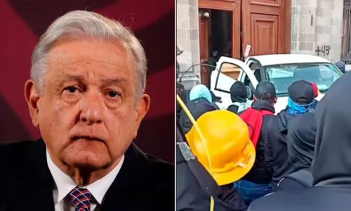 Normalistas irrumpen en Palacio Nacional durante conferencia de prensa de AMLO