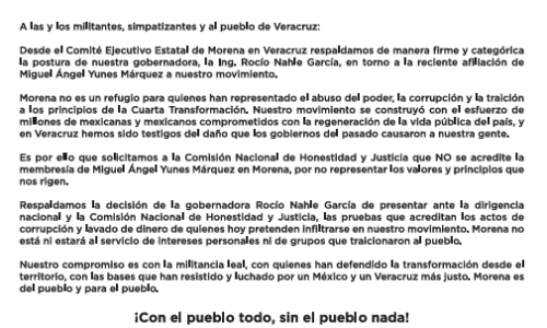 COMUNICADO DEL COMITÉ EJECUTIVO ESTATAL DE MORENA EN VERACRUZ