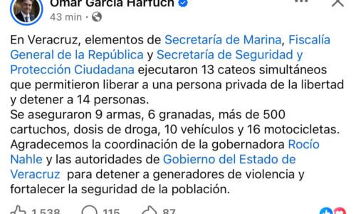 Cateos simultáneos en Veracruz permiten liberar a una persona y detener a 14